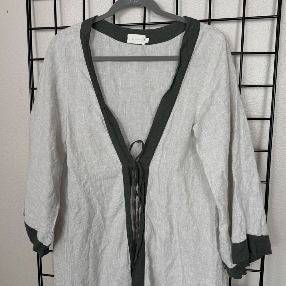 Touche Linen Kaftan Dress Womens Large Beige Olive Green V-Neck Tie Front Tunic